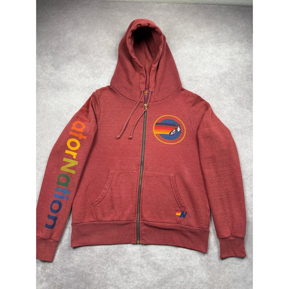 Aviator Nation Austin TX USA Heathered Red Rainbow Logo Full Zip Hoodie Women S